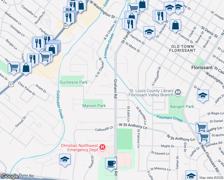 map of restaurants, bars, coffee shops, grocery stores, and more near 4 Lowery Estates Court in Florissant