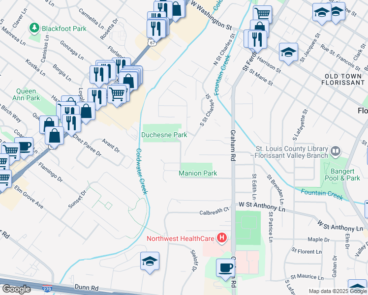 map of restaurants, bars, coffee shops, grocery stores, and more near 405 South Saint Charles Street in Florissant