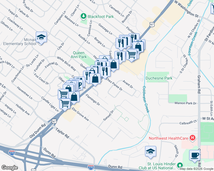 map of restaurants, bars, coffee shops, grocery stores, and more near 7768 North Lindbergh Boulevard in Hazelwood