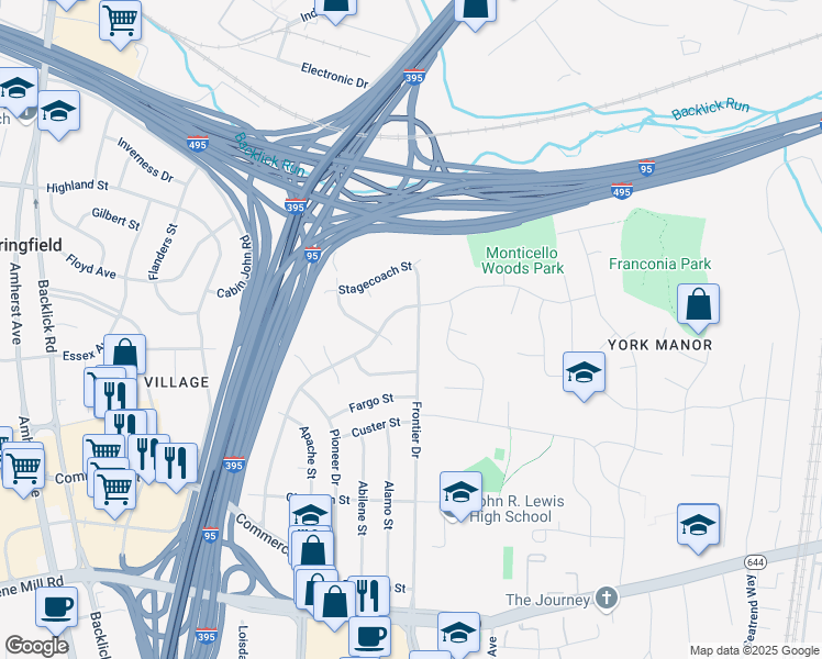 map of restaurants, bars, coffee shops, grocery stores, and more near 6020 Frontier Drive in Springfield
