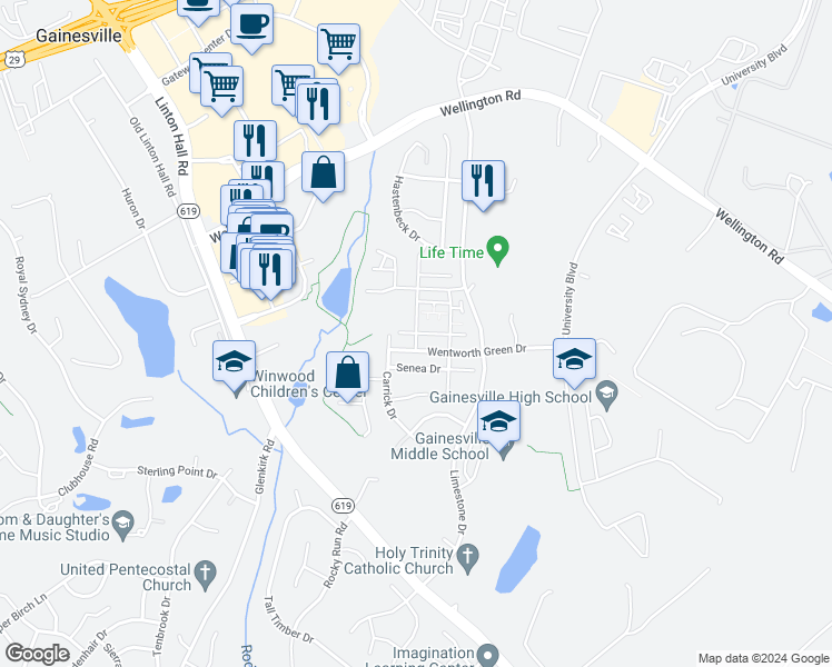 map of restaurants, bars, coffee shops, grocery stores, and more near 7038 Darbey Knoll Drive in Gainesville