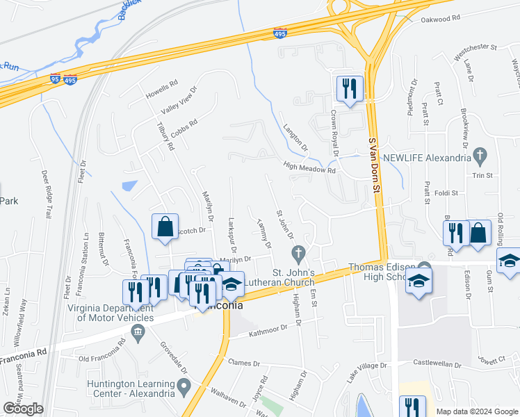 map of restaurants, bars, coffee shops, grocery stores, and more near 6053 Tammy Drive in Alexandria