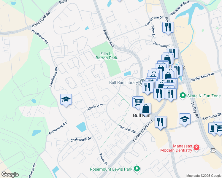 map of restaurants, bars, coffee shops, grocery stores, and more near 10822 Campaign Court in Manassas