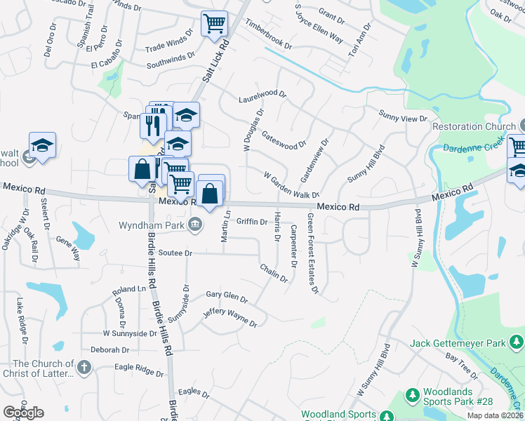 map of restaurants, bars, coffee shops, grocery stores, and more near 7795 Mexico Road in St. Peters