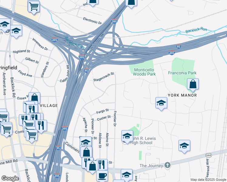 map of restaurants, bars, coffee shops, grocery stores, and more near 6020 Frontier Drive in Springfield