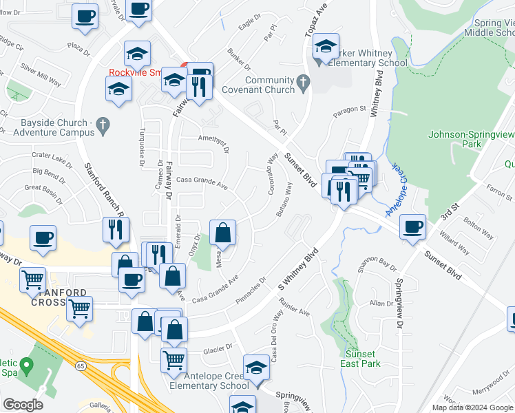 map of restaurants, bars, coffee shops, grocery stores, and more near 5608 Coronado Way in Rocklin