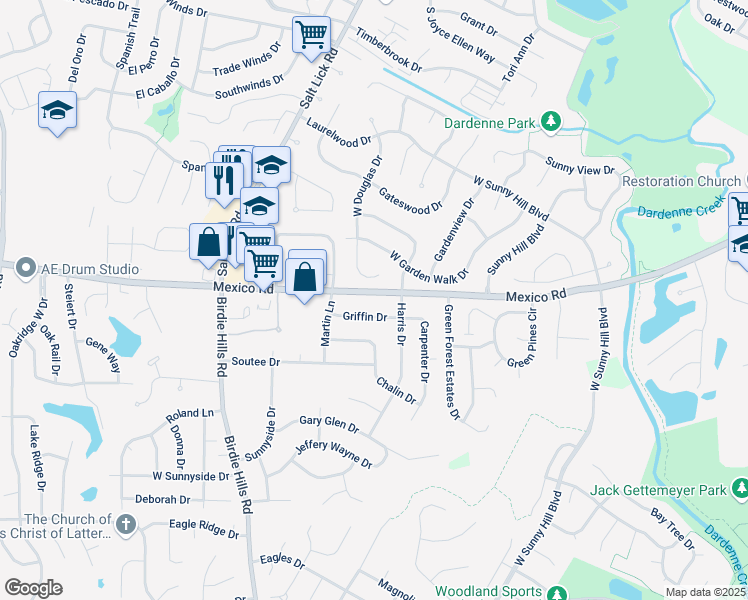 map of restaurants, bars, coffee shops, grocery stores, and more near 7797 Mexico Road in Saint Peters