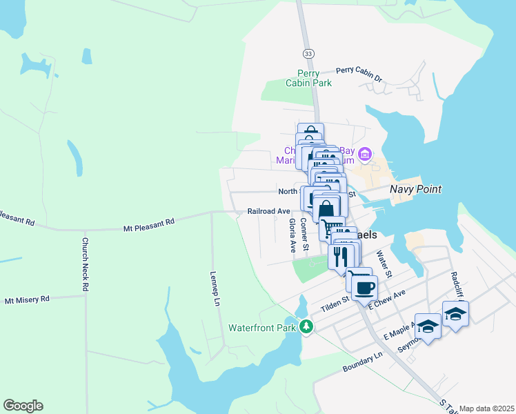 map of restaurants, bars, coffee shops, grocery stores, and more near 507 Railroad Avenue in Saint Michaels