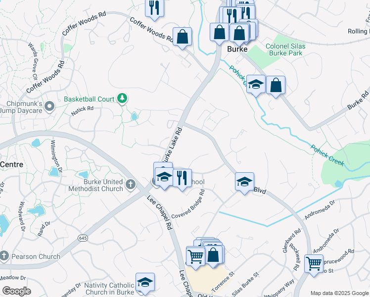 map of restaurants, bars, coffee shops, grocery stores, and more near 9619 Burke Lake Road in Burke