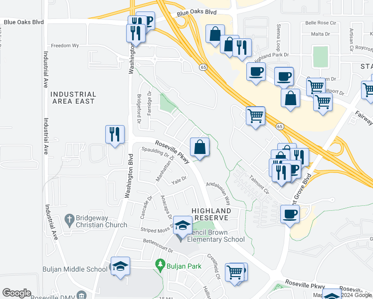 map of restaurants, bars, coffee shops, grocery stores, and more near 27 Silverhorn Court in Roseville