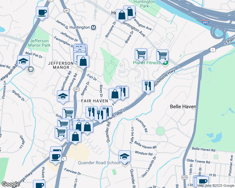 map of restaurants, bars, coffee shops, grocery stores, and more near 2400 Fort Drive in Alexandria