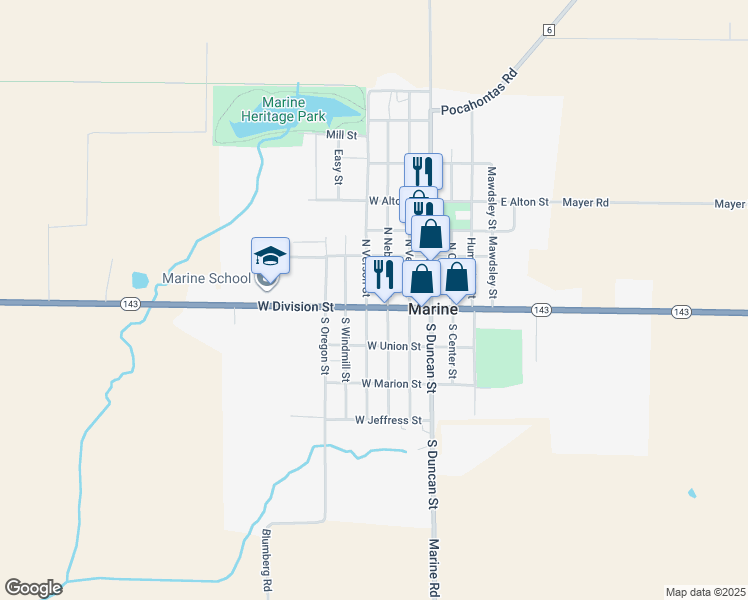 map of restaurants, bars, coffee shops, grocery stores, and more near 121 North Nebraska Street in Marine