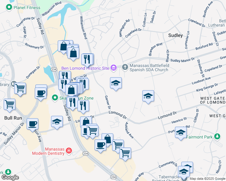 map of restaurants, bars, coffee shops, grocery stores, and more near 7801 Garner Drive in Manassas