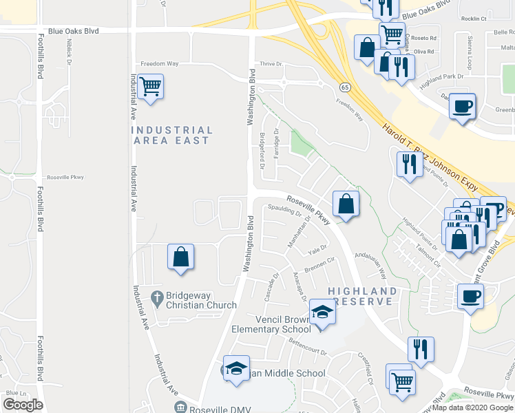 map of restaurants, bars, coffee shops, grocery stores, and more near 712 Spaulding Drive in Roseville