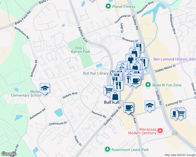 map of restaurants, bars, coffee shops, grocery stores, and more near 7844 Blue Gray Circle in Manassas