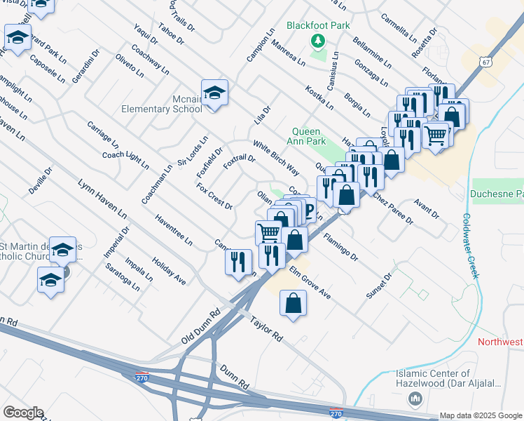 map of restaurants, bars, coffee shops, grocery stores, and more near 7408 Burcke Drive in Hazelwood