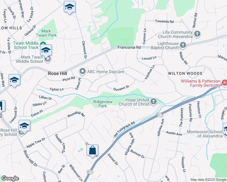 map of restaurants, bars, coffee shops, grocery stores, and more near 4205 Duvawn Street in Alexandria