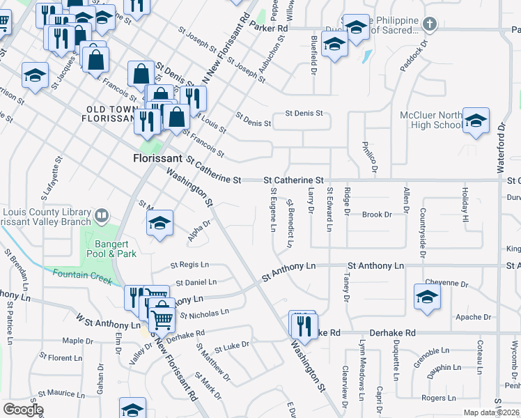 map of restaurants, bars, coffee shops, grocery stores, and more near 22 Orchard Drive in Florissant