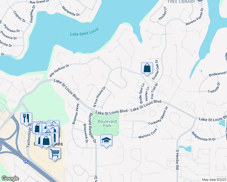 map of restaurants, bars, coffee shops, grocery stores, and more near 4510 Woodland Drive in Lake Saint Louis