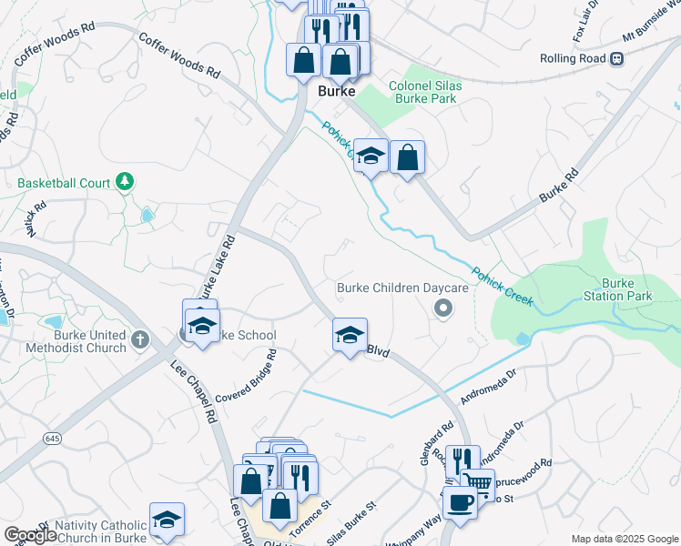 map of restaurants, bars, coffee shops, grocery stores, and more near 9426 Candleberry Court in Burke