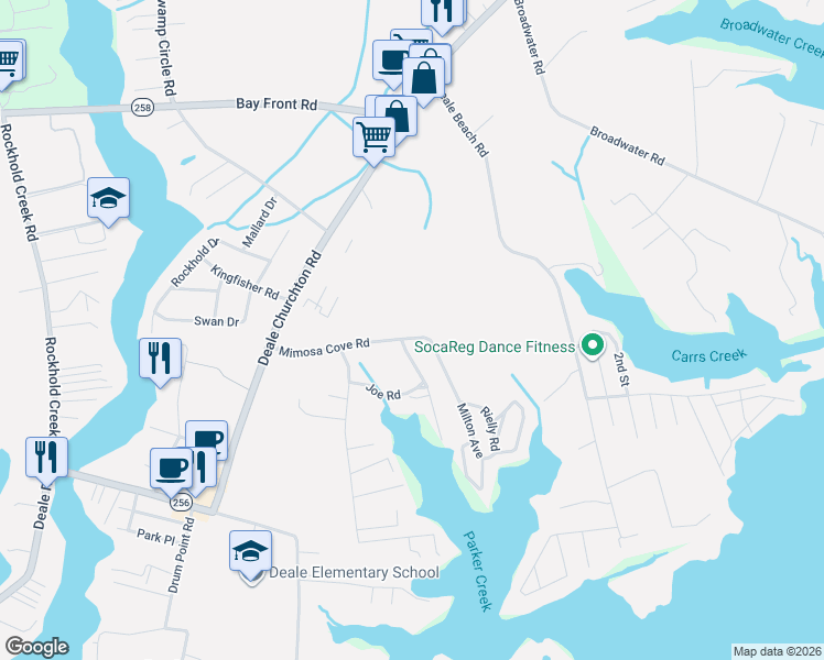map of restaurants, bars, coffee shops, grocery stores, and more near 770 Mimosa Cove Road in Deale