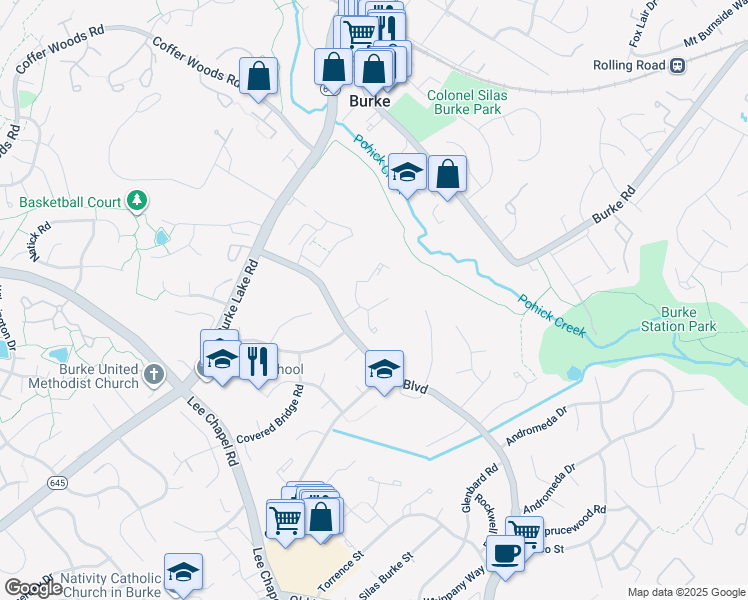 map of restaurants, bars, coffee shops, grocery stores, and more near 9426 Candleberry Court in Burke