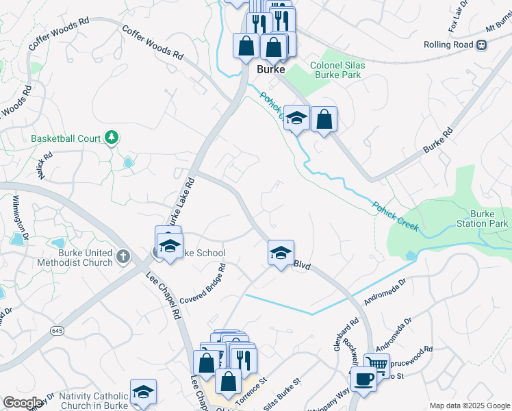 map of restaurants, bars, coffee shops, grocery stores, and more near 6064 Heathwick Court in Burke