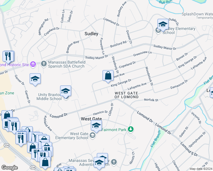 map of restaurants, bars, coffee shops, grocery stores, and more near 9914 King George Drive in Manassas