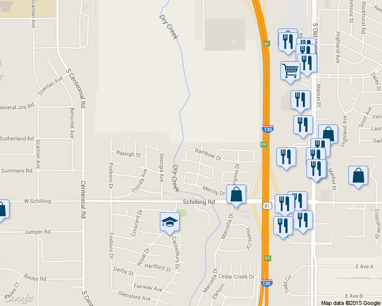 map of restaurants, bars, coffee shops, grocery stores, and more near 1007 Rainbow Dr in Salina