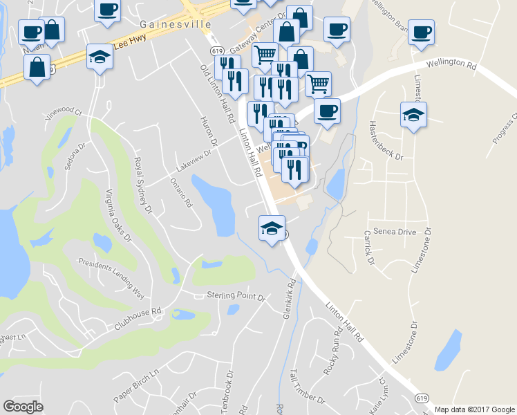 map of restaurants, bars, coffee shops, grocery stores, and more near 7808 Waverley Mill Court in Gainesville