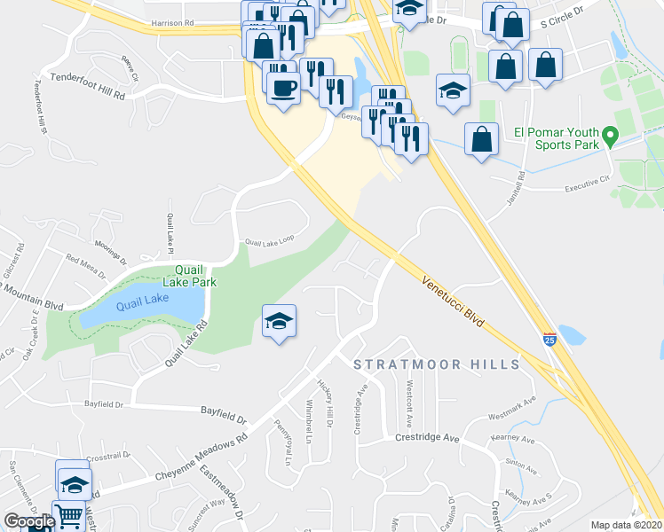 map of restaurants, bars, coffee shops, grocery stores, and more near 1528 Courtyard Heights in Colorado Springs