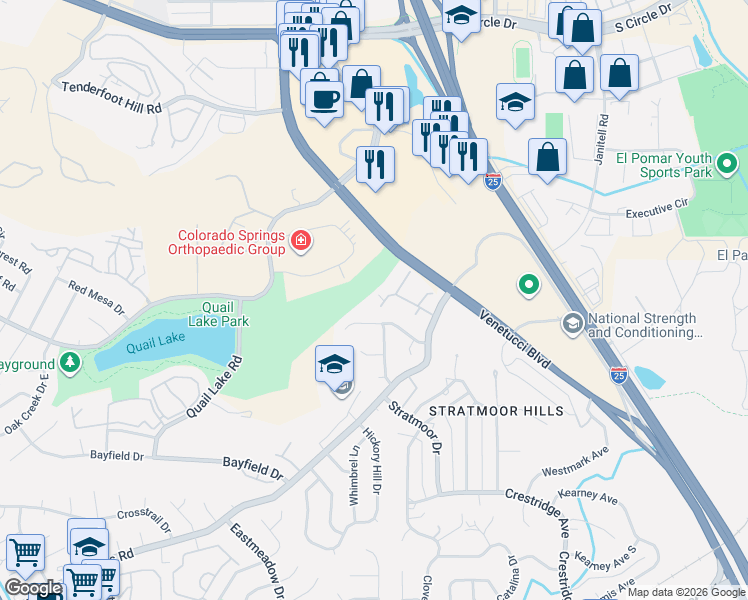 map of restaurants, bars, coffee shops, grocery stores, and more near 1528 Courtyard Heights in Colorado Springs