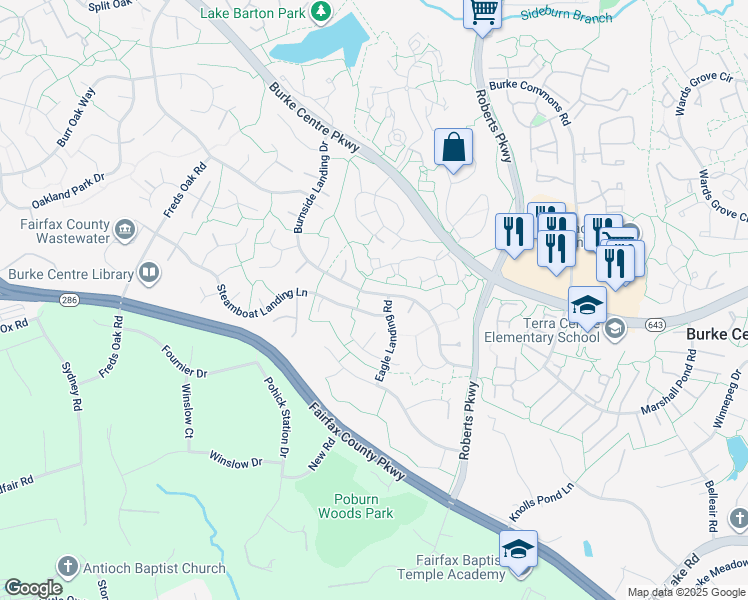 map of restaurants, bars, coffee shops, grocery stores, and more near 6036 Burnside Landing Drive in Burke