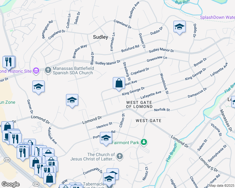 map of restaurants, bars, coffee shops, grocery stores, and more near 9914 King George Drive in Manassas
