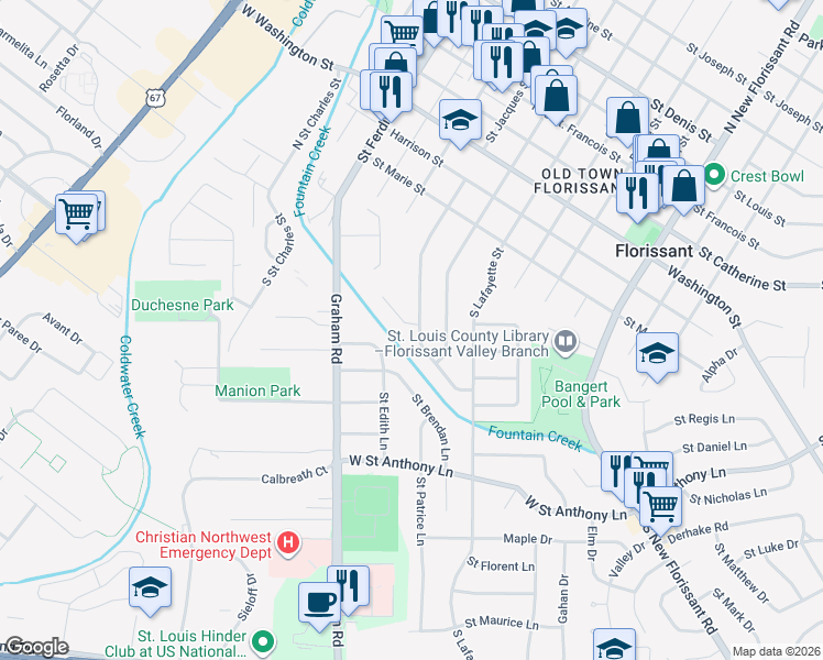map of restaurants, bars, coffee shops, grocery stores, and more near 400 South Saint Jacques Street in Florissant