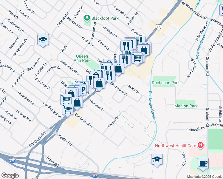 map of restaurants, bars, coffee shops, grocery stores, and more near 7768 North Lindbergh Boulevard in Hazelwood