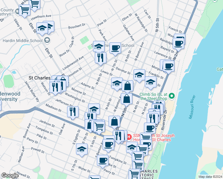 map of restaurants, bars, coffee shops, grocery stores, and more near 615 Clark Street in Saint Charles
