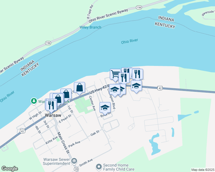 map of restaurants, bars, coffee shops, grocery stores, and more near 600 East Main Street in Warsaw