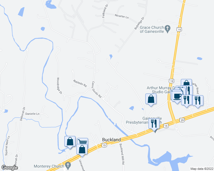 map of restaurants, bars, coffee shops, grocery stores, and more near 7801 Cerro Gordo Road in Gainesville
