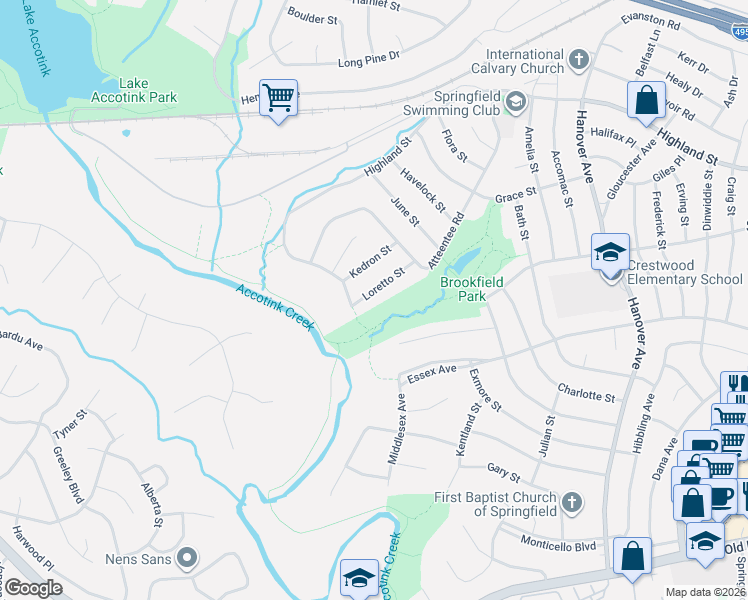 map of restaurants, bars, coffee shops, grocery stores, and more near 6015 Loretto Street in Springfield