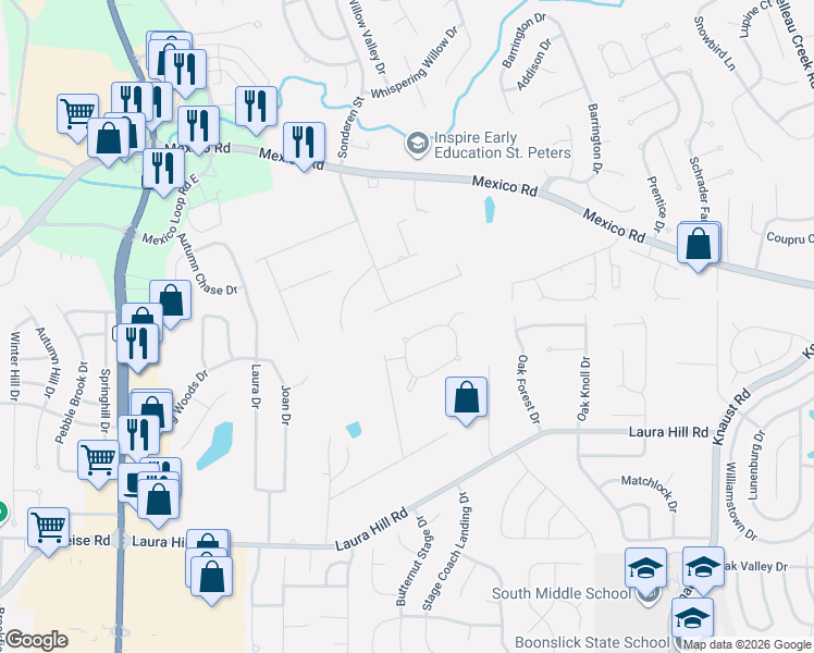 map of restaurants, bars, coffee shops, grocery stores, and more near 42 Fawn Valley Circle in St. Peters