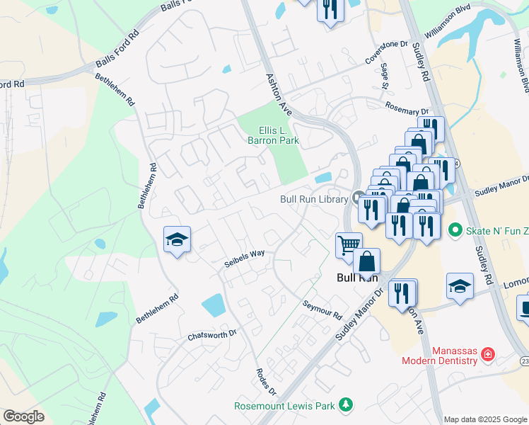 map of restaurants, bars, coffee shops, grocery stores, and more near 10844 Campaign Court in Manassas