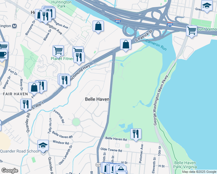 map of restaurants, bars, coffee shops, grocery stores, and more near 6022 Fort Hunt Road in Alexandria