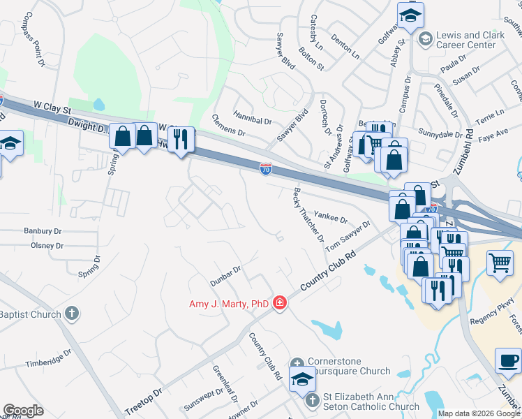 map of restaurants, bars, coffee shops, grocery stores, and more near 10 San Miguel Drive in Saint Charles