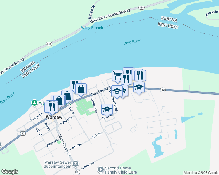 map of restaurants, bars, coffee shops, grocery stores, and more near 600 East Main Street in Warsaw