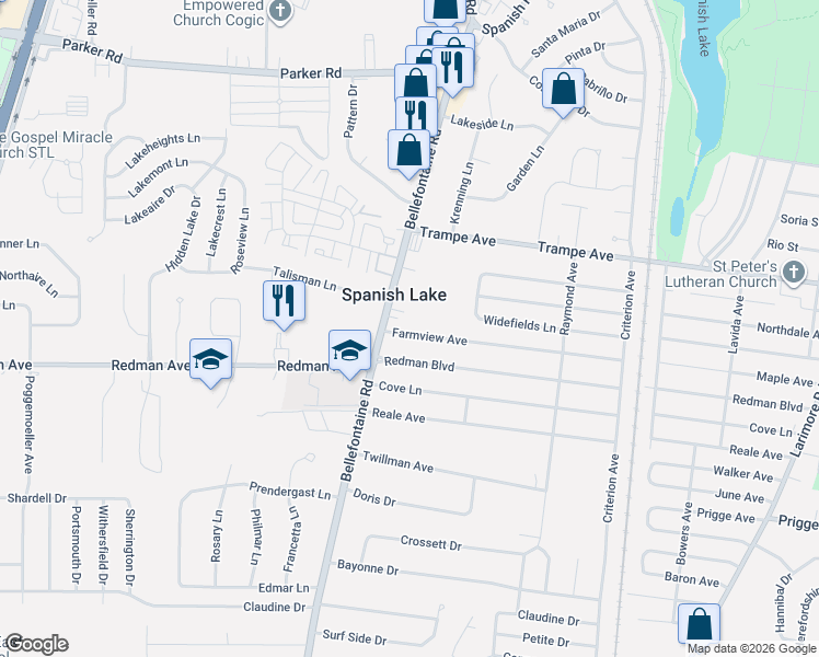 map of restaurants, bars, coffee shops, grocery stores, and more near 11878 Bellefontaine Road in St. Louis