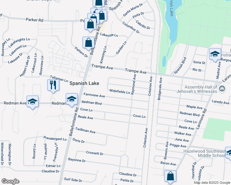 map of restaurants, bars, coffee shops, grocery stores, and more near 1448 Widefields Lane in St. Louis