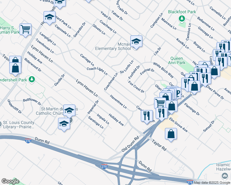 map of restaurants, bars, coffee shops, grocery stores, and more near 566 Candle Light Lane in Hazelwood