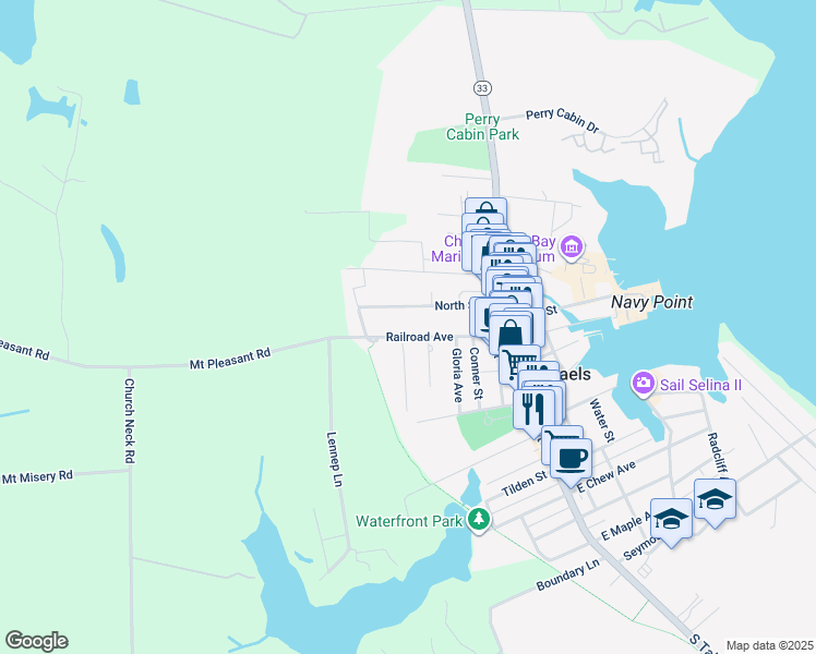 map of restaurants, bars, coffee shops, grocery stores, and more near 507 Railroad Avenue in Saint Michaels