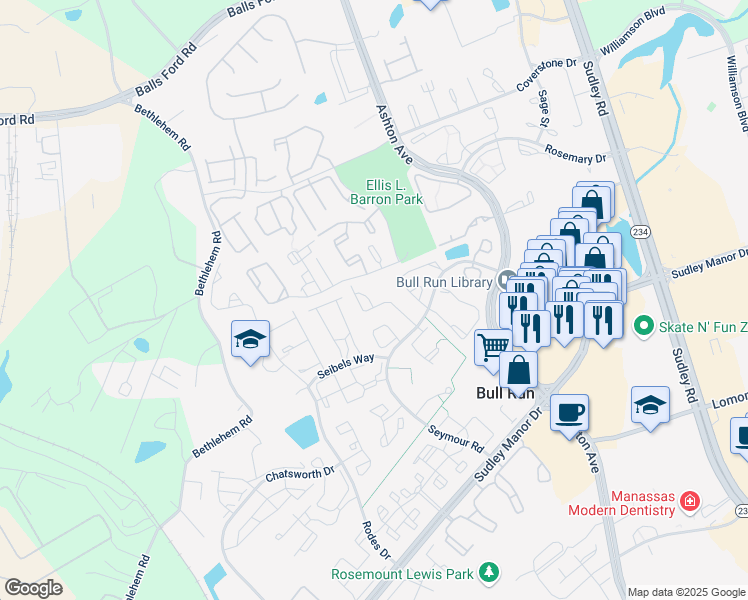 map of restaurants, bars, coffee shops, grocery stores, and more near 10844 Campaign Court in Manassas